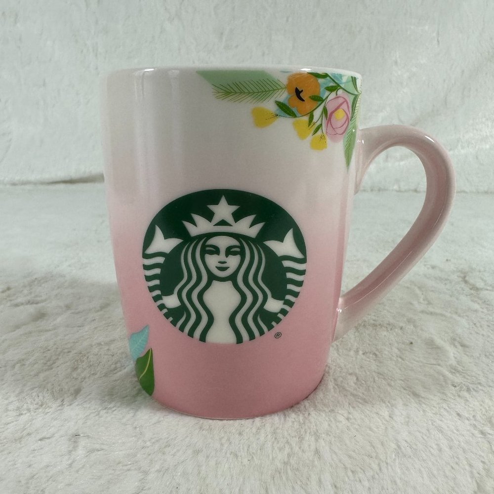 2020 Starbucks "Thankful" Coffee Tea Mug Pink Ombre with Flower Bouquet